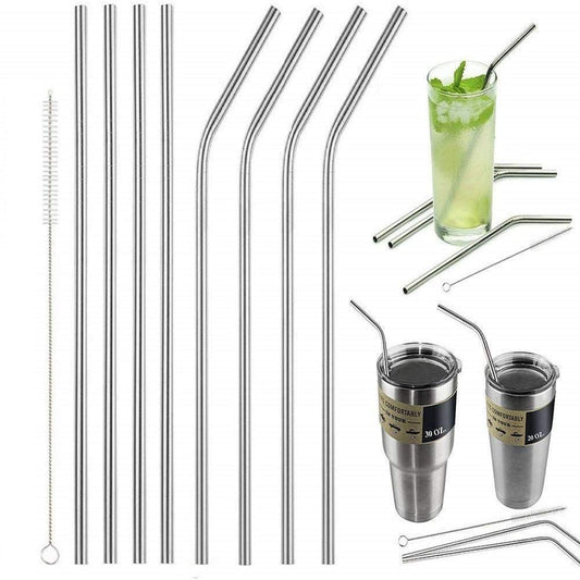 Rudra Exports Reusable Stainless Steel Metal Straws, Ultra Long 8 Inch- Regular Size 6 mm Wide with 4 Straight, 4 Bent and 1 Cleaning Brush (Silver)