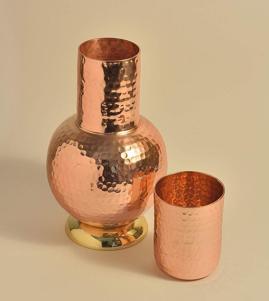 Rudra Exports Hammered Surai Design Bedroom Water Copper Bottle with Inbuilt Glass 1200 ml Set of 1 (Brown)