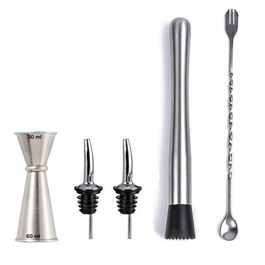 Rudra Exports Bar Tool Set Long Durable Muddler Pestle Liquor Pour and Mixing Spoon Jigger for Professional Grade Bar Tools Accessories: 5 Pcs Set