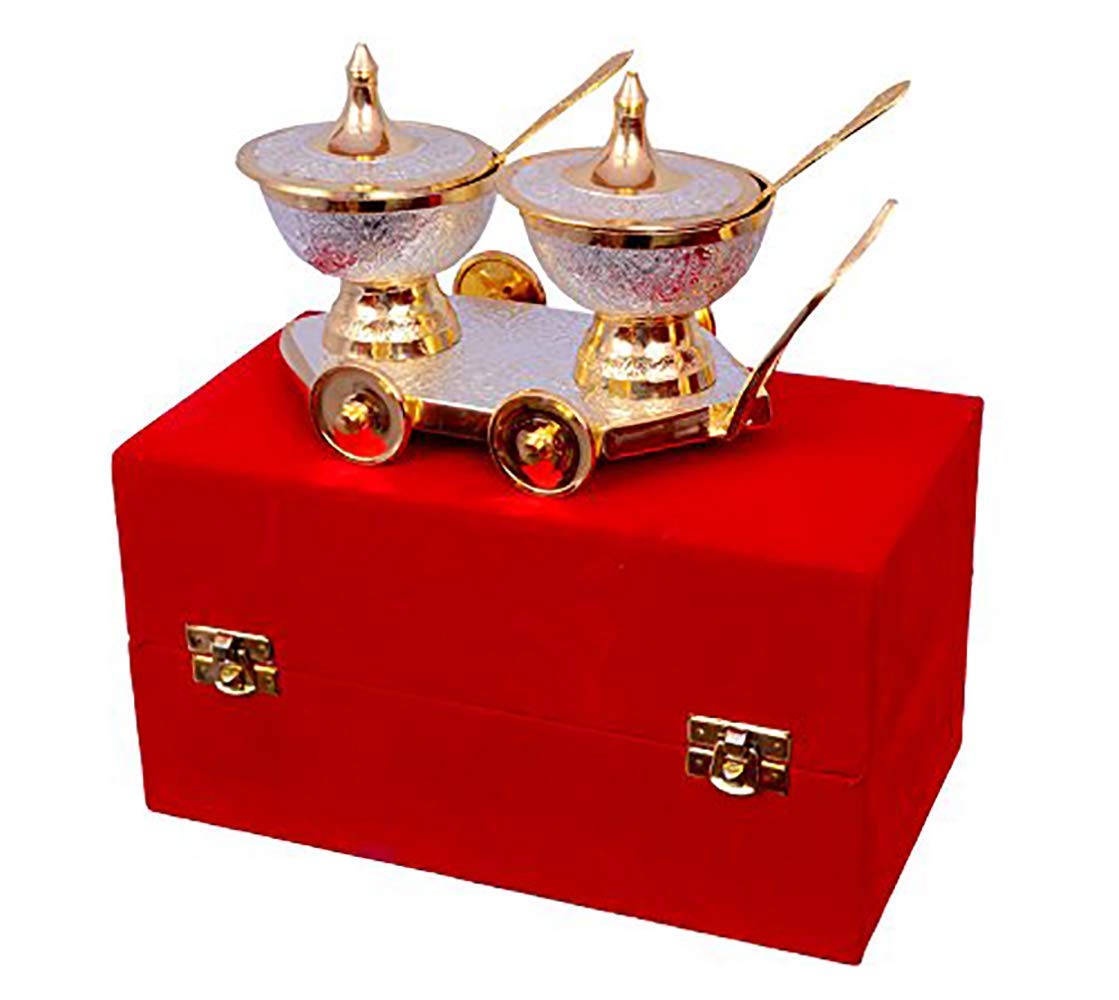 Rudra Exports Silver & Gold Plated Brass Bowl Set on Trolley Velvet Box Best Deepawali Gift