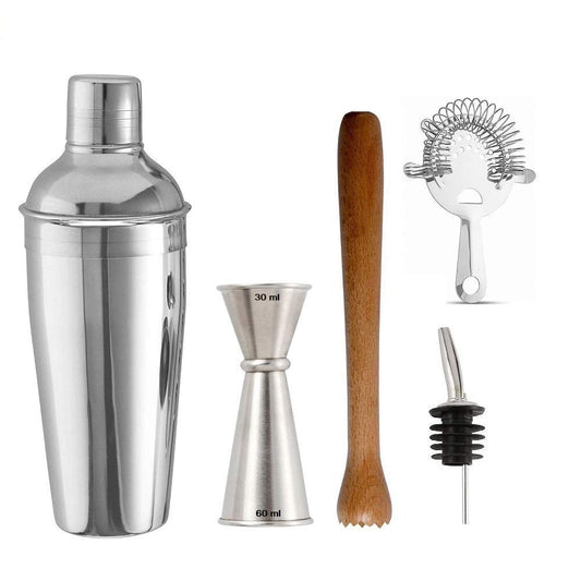 Rudra Exports Cocktail Shakers 750 ml Wooden Muddler Heathrow Strainer and Japanese Style Peg Measurer 30 and 60 ml: 5 Pieces Set