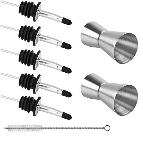 Rudra Exports Stainless Steel 5 Liquor Pour Spouts + 5 Black Dust Caps + 1 Cleaning Brush + 2 Peg Measurers for Cocktail Making: 13 Pcs Set