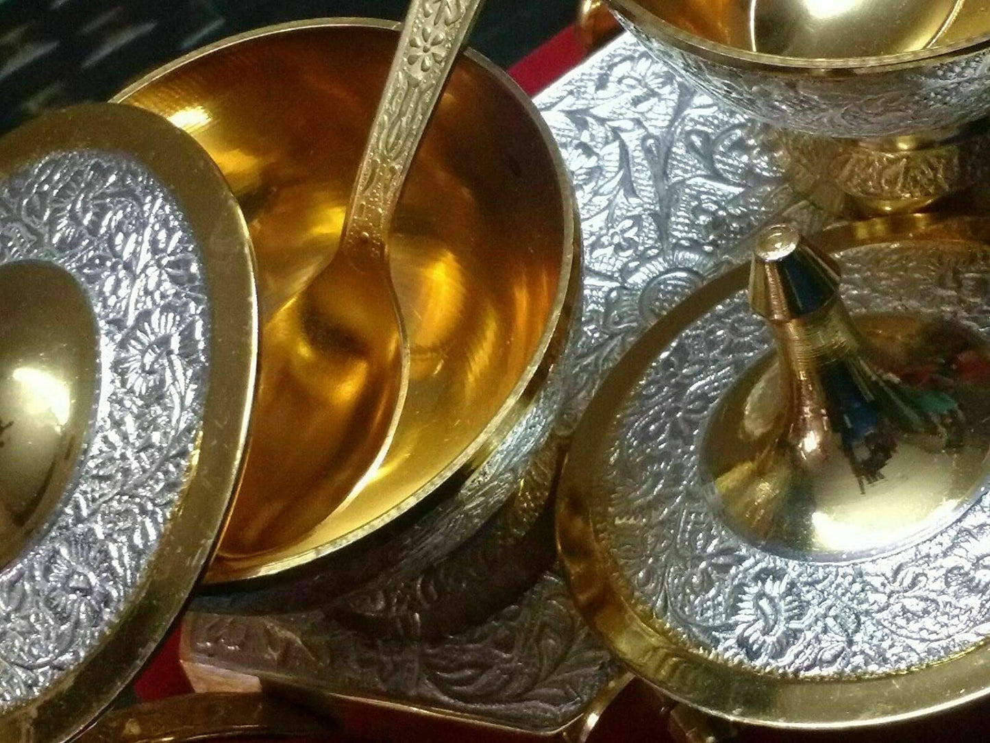 Rudra Exports Silver & Gold Plated Brass Bowl Set on Trolley Velvet Box Best Deepawali Gift