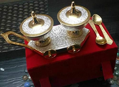 Rudra Exports Silver & Gold Plated Brass Bowl Set on Trolley Velvet Box Best Deepawali Gift