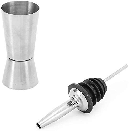 Rudra Exports Stainless Steel 5 Liquor Pour Spouts + 5 Black Dust Caps + 1 Cleaning Brush + 2 Peg Measurers for Cocktail Making: 13 Pcs Set