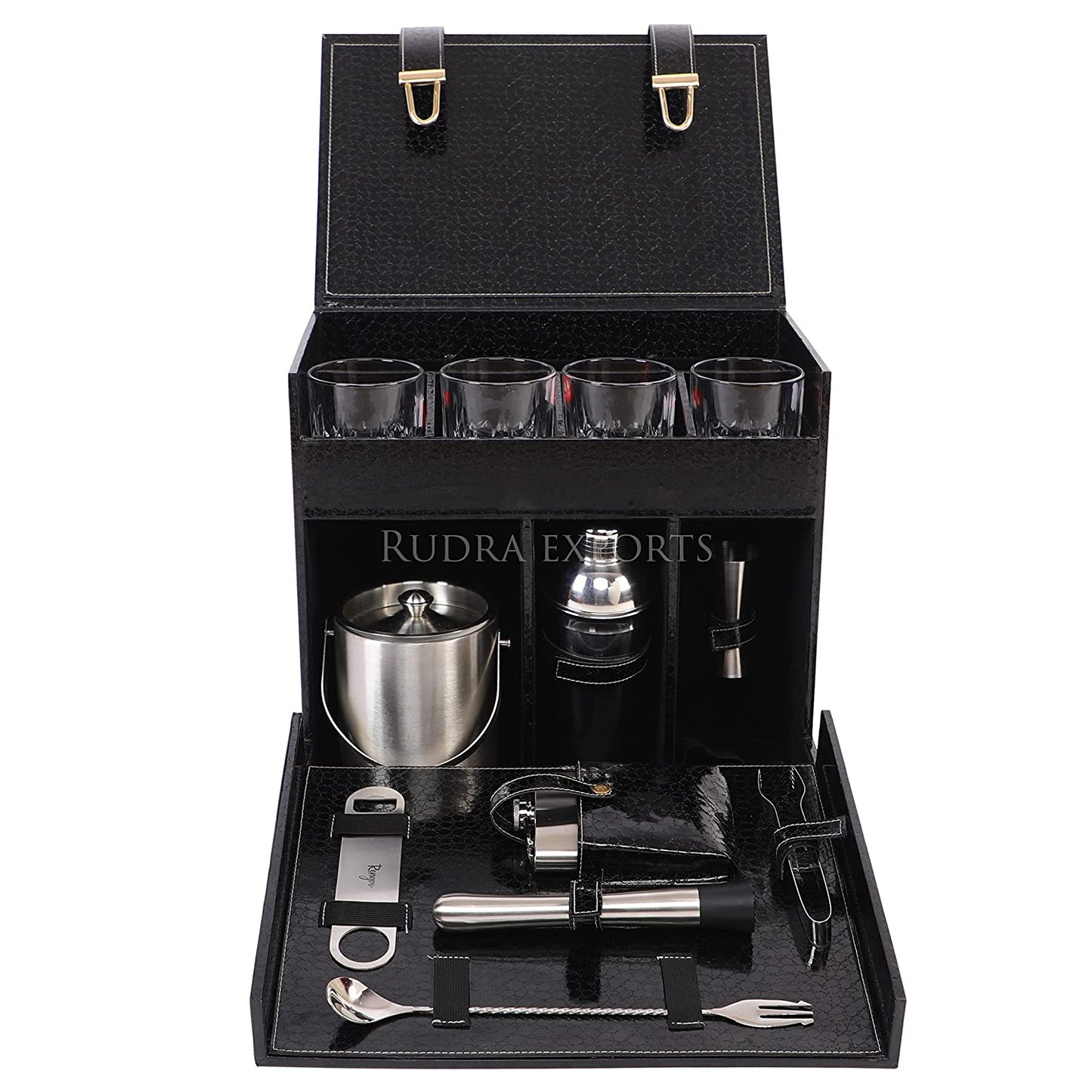 Rudra Exports Table Top Vegan Leather Portable Bar Box with Accessories Set & 4 Whisky Glasses | Min Bar for Home (Black)