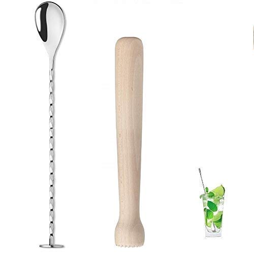 Rudra Exports Cocktail Muddler 8" and Mixing Spoon Set, Bar Cocktail Muddler, Spiral Stirrer 11" Long Spiral Handle to Create Refreshing Drink : 2 Pcs