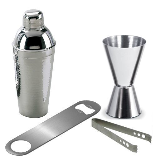 Rudra Exports Stainless Steel Bar Set Accessories Set of 4 - Cocktail Shaker + Peg Measure + Opener + Ice Tongs