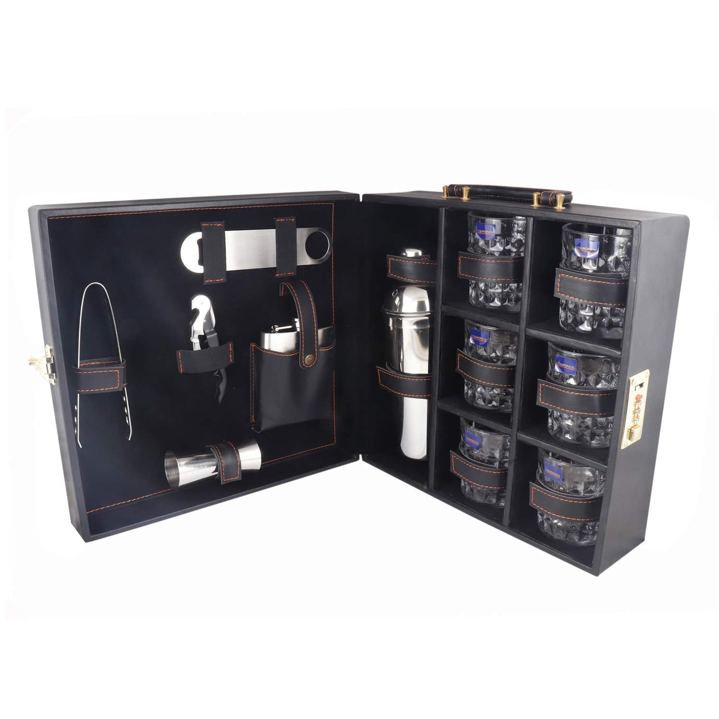 Rudra Exports Leatherette Bar Set |Premium Bar Set  Handy Portable Leatherette Bar Set for car, Travel Bar Set | 6 Whiskey Glasses (Black)