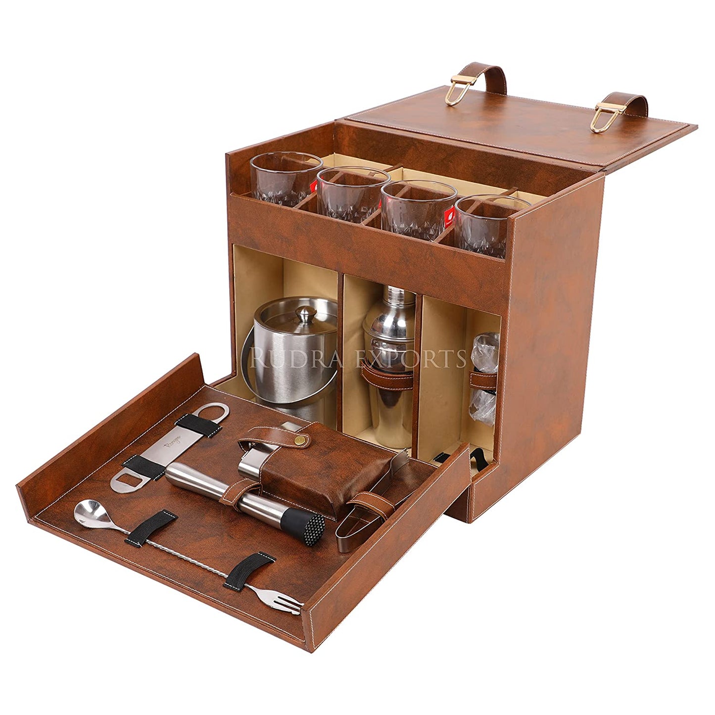 Rudra Exports Table Top Vegan Leather Portable Bar Box with Accessories Set & 4 Whisky Glasses | Min Bar for Home (Brown & Brown)