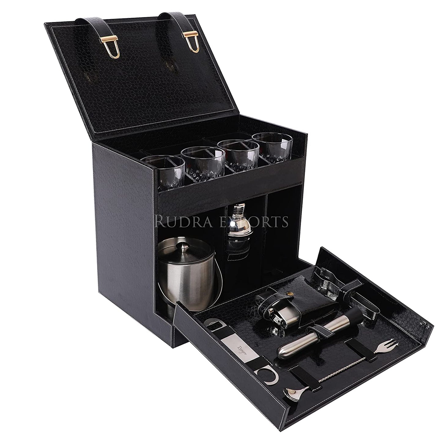 Rudra Exports Table Top Vegan Leather Portable Bar Box with Accessories Set & 4 Whisky Glasses | Min Bar for Home (Black)