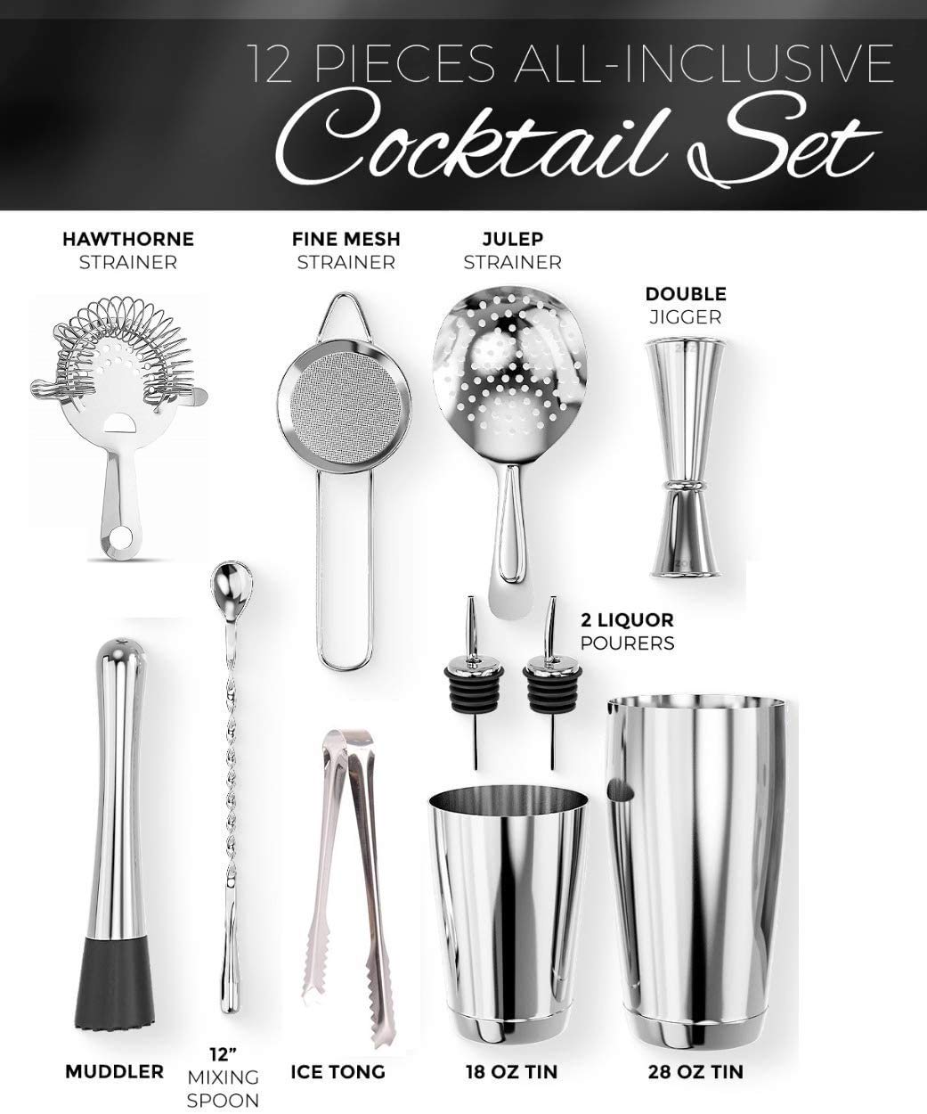 Rudra Exports Bar Set Cocktail Shaker Set Professional Bartender Kit with Bar Accessories 14 Pcs Set
