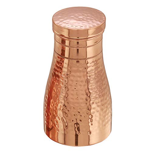 Rudra Exports Hammered Matt Finish Copper Bedroom Bottle with Inbuilt Glass Copper jug with Glass (Pack of 1)