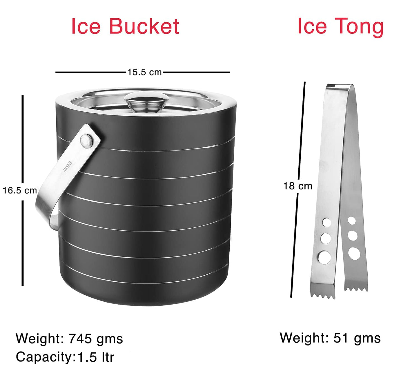 Rudra Exports Stainless Steel Bar Set, Bartender Kit Set of 2 Piece|  Bar Tool Set with Ice Bucket and Ice Tong