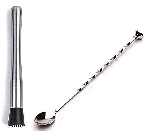 Rudra Exports Cocktail Bar Muddler 8" Stainless Steel Drink Muddler & Mixing Spoon 12" with Long Spiral Handle to Create Refreshing Drinks 2 Pcs.