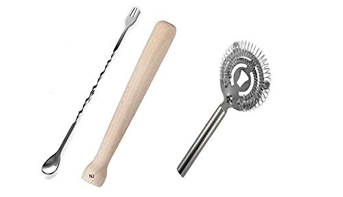 Rudra Exports Cocktail Muddler Set, Spiral Fork Mixing Spoon & Cocktail Bar Strainer, Home Bar Bartender's Muddling Tool Set: 3 Pcs Set