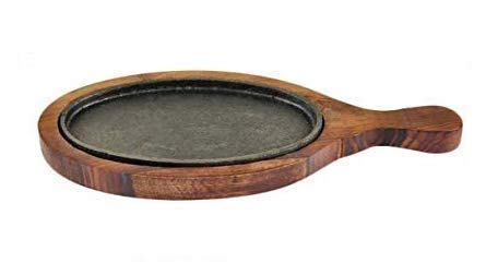 Rudra Exports 9 Inch Oval Sizzler Plate with Wooden Base and Handle - Brown