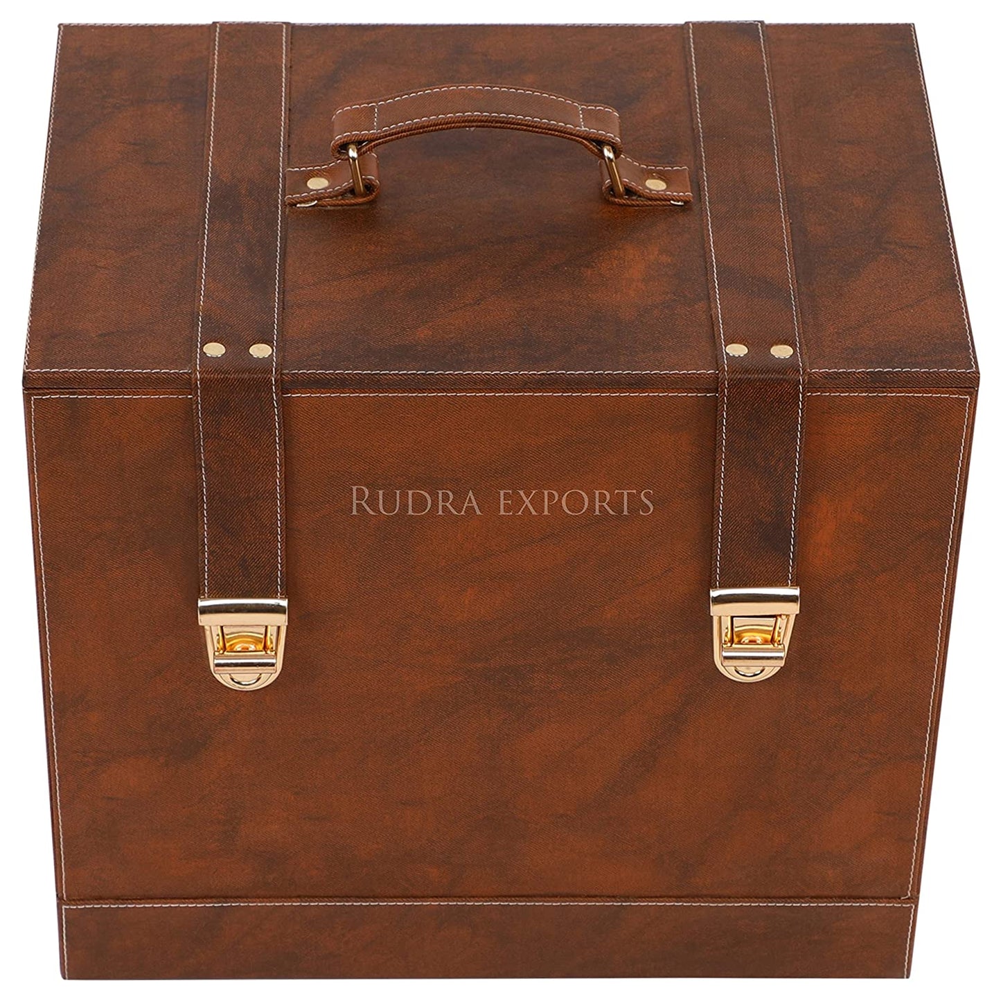 Rudra Exports Table Top Vegan Leather Portable Bar Box with Accessories Set & 4 Whisky Glasses | Min Bar for Home (Brown & Brown)