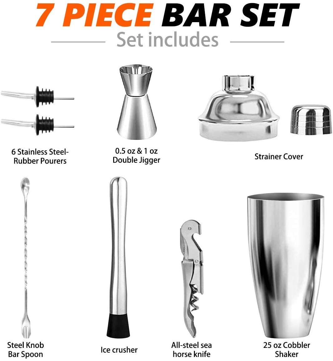 Rudra Exports Premium Cocktail Shaker Bar Tools Set Measuring Jigger Mixing Spoon 2 Liquor Pourers Muddler and Corkscrew : 7 Pcs