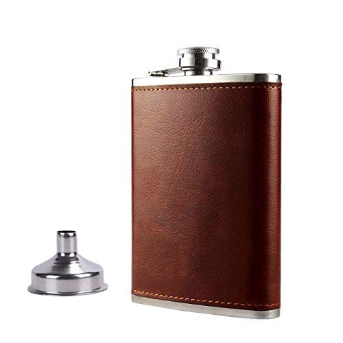 Rudra Exports Stainless Steel and Stitched Leather Hip Flask 8 Oz (230 Ml) for Men (Brown)