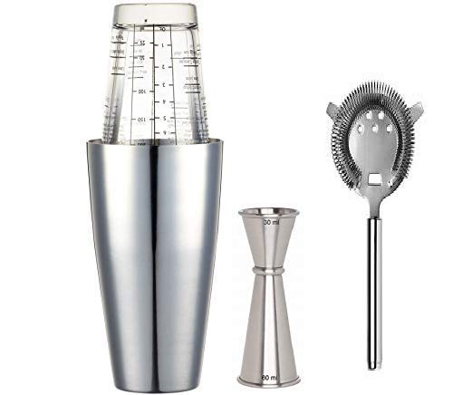 Rudra Exports Professional Stainless Steel Bar Boston Shaker Set, Cocktail Shaker, Mixing Glass, Japanese Jigger and Cocktail Strainer): 4 Piece Set