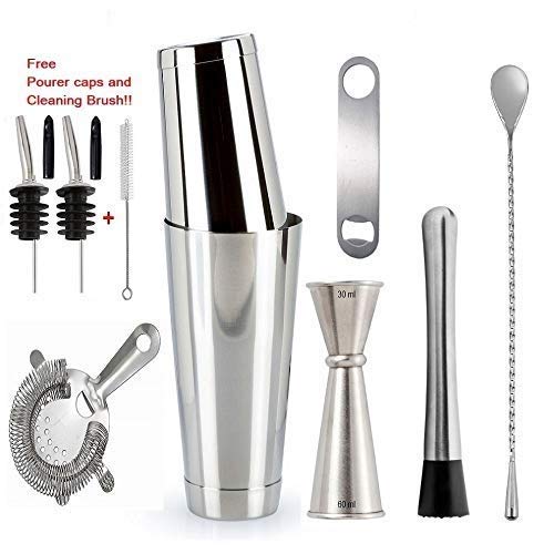 Rudra Exports Professional Bartender Tool Set (Boston Shakers, Hawthorne Strainer, Teardrop Spoon, Opener, Pourer with Caps and Brush) -12 Pcs Set