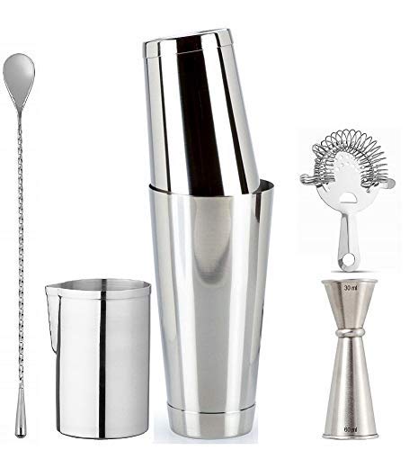 Rudra Exports Essential Cocktail Bar Set - Boston Shaker, Mixing Glass, Teardrop Spoon, Heathrow Strainer, Double Jigger: 6 Pcs Set