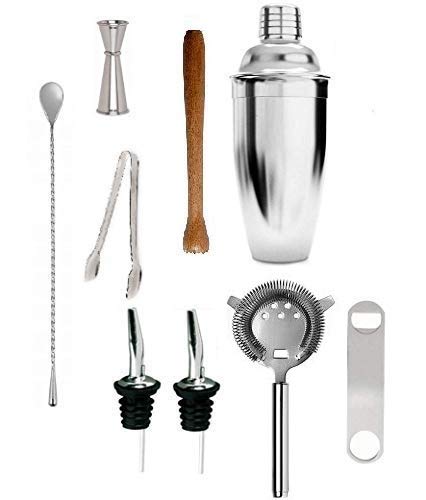 Rudra Exports Bar Set for Drink Mixing Bar Tools: Cocktail Shaker, Peg Measurer 30-60 ml, Cocktail Strainer, Teardrop Bar Spoon, Ice Tong, Bottle Opener Pourer, Wooden Muddler: 9 Pcs Set