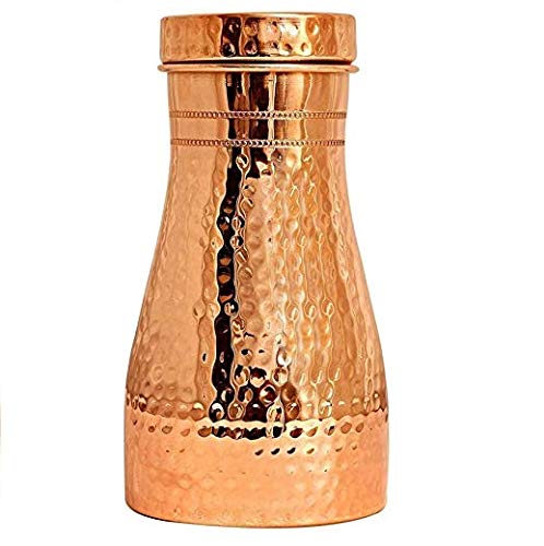 Rudra Exports Hammered  Pure Copper Bedroom Bottle with Inbuilt Glass Copper Water Jug Copper jug with Glass 1100 ML Pack of 2