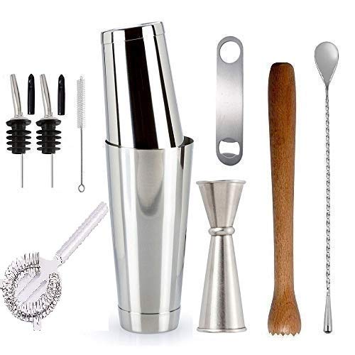 Rudra Exports Professional Bartender Tool Set,Boston Shakers Cocktail Strainer Japanese Jigger Muddler Teardrop Spoon Opener Pourer with Free Caps and Brush Bartender Cocktail Maker Set : 12 Pcs Set