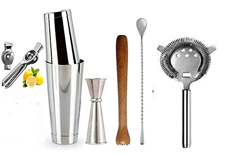 Rudra ExportsProfessional Bartender Tool Set,Boston Shakers,Cocktail Strainer,Japanese Jigger, Muddler,Teardrop Spoon,Lemon Squeezer with Opener, Bartender Home Bar Cocktail Maker Set : 07 Pcs Set