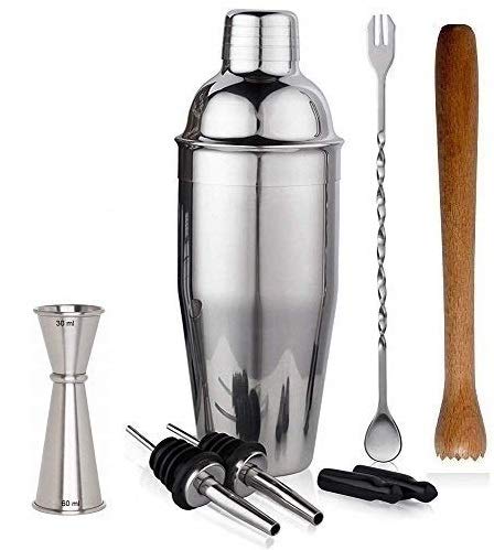 Rudra Exports Cocktail Shaker Bar Tool Set Stainless Steel Martini Shaker Mixing Spoon, Professional Bar Tools: 8 Pcs Set