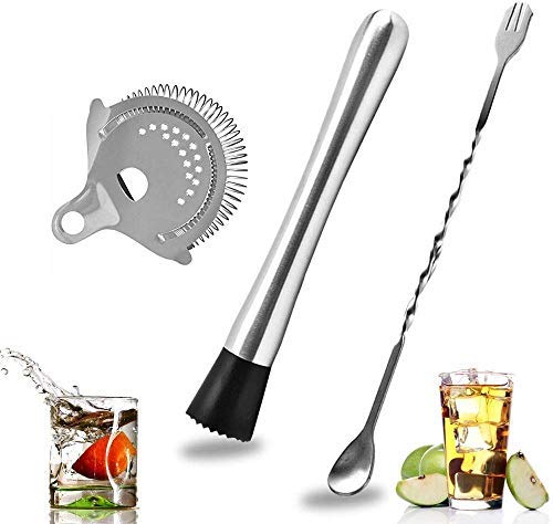 Rudra Exports Stainless Steel Cocktail Muddler Set, Spiral Fork Mixing Spoon & No Prong Bar Strainer, Home Bar Bartender Muddling Tool Set: 3 Pcs Set