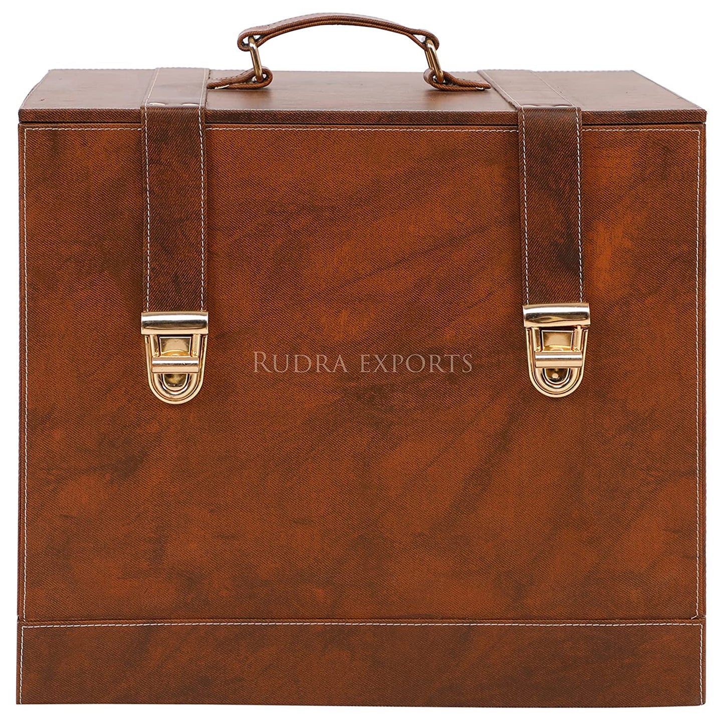 Rudra Exports Table Top Vegan Leather Portable Bar Box with Accessories Set & 4 Whisky Glasses | Min Bar for Home (Brown & Brown)