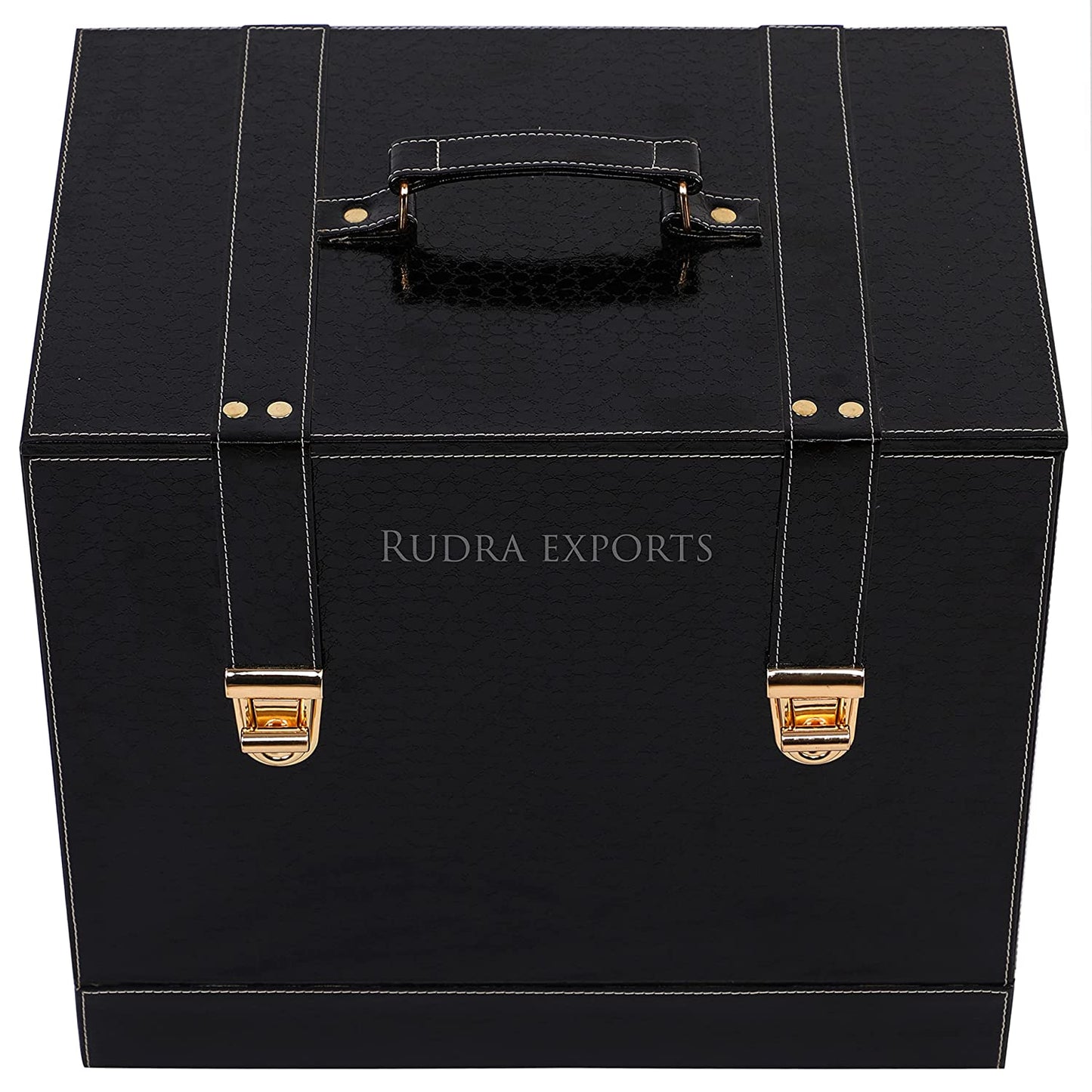 Rudra Exports Table Top Vegan Leather Portable Bar Box with Accessories Set & 4 Whisky Glasses | Min Bar for Home (Black)