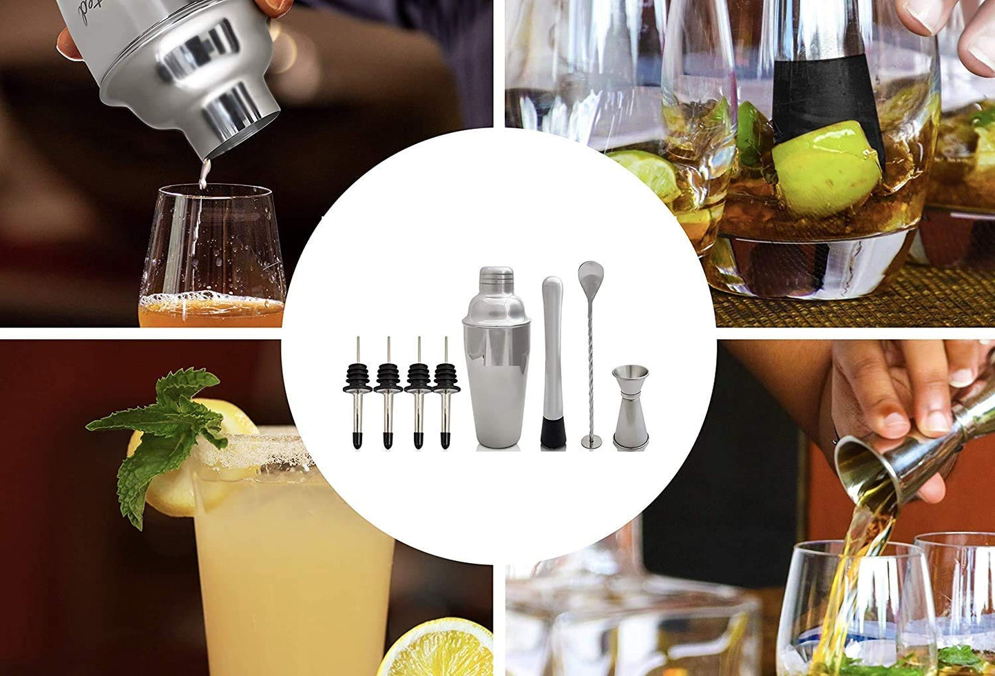 Rudra Exports Premium Cocktail Shaker with Stainless Steel Cobbler Shaker, Margarita Mixer: 8 Pcs