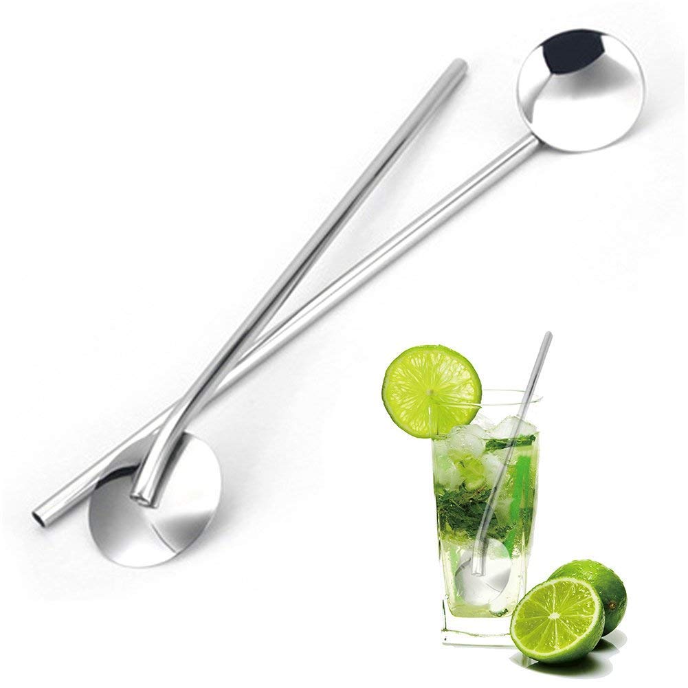 Rudra Exports Reusable Stainless Steel Drinking Spoon Straws 8 '', Food Grade Reusable Straw Stirrer for Restaurant, Hotel and Home Use with Cleaning Brush: 6 Pcs Set