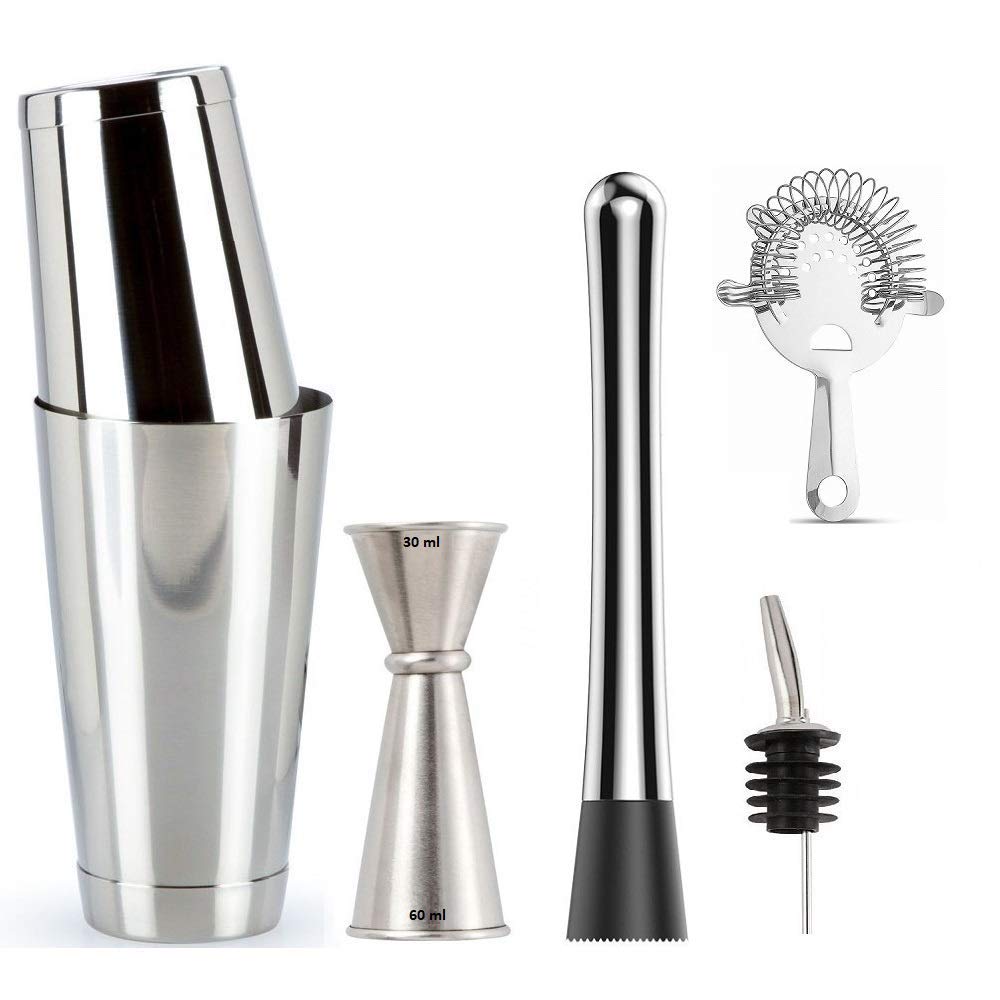 Rudra Exports Boston Shakers Set, Stainless Steel Muddler, Heathrow Strainer and Japanese Style Peg Measurer 30 and 60 ml and Pourer: 6 Pieces Set