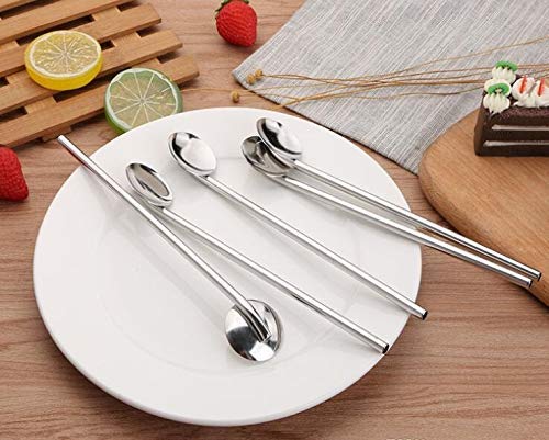 Rudra Exports Reusable Drinking Straws Spoon I Food Grade Stainless Steel Stirrer I Ultra Long Rustproof Long Spoon 8 Inches with Cleaning Brush : 4 Pcs Set