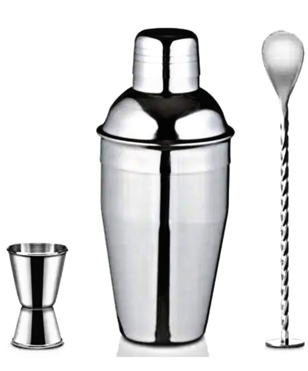 Rudra Exports Cocktail Shakers Muddler Spoon and Peg Measurer 30 and 60ml Glass (Silver) -3 Pieces Set