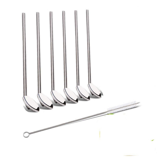 Rudra Exports Reusable Drinking Straws Spoon I Food Grade Stainless Steel Stirrer I Ultra Long Rustproof Long Spoon 8 Inches with Cleaning Brush : 4 Pcs Set