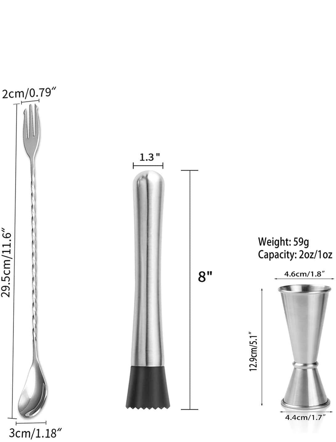 Rudra ExportsCocktail Set, Peg Measuring Jigger, Mixing Spoon, Muddler - Pro Bar Tools Set: 3 Pieces