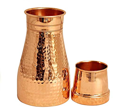 Rudra Exports Hammered Matt Finish Copper Bedroom Bottle with Inbuilt Glass Copper jug with Glass (Pack of 1)