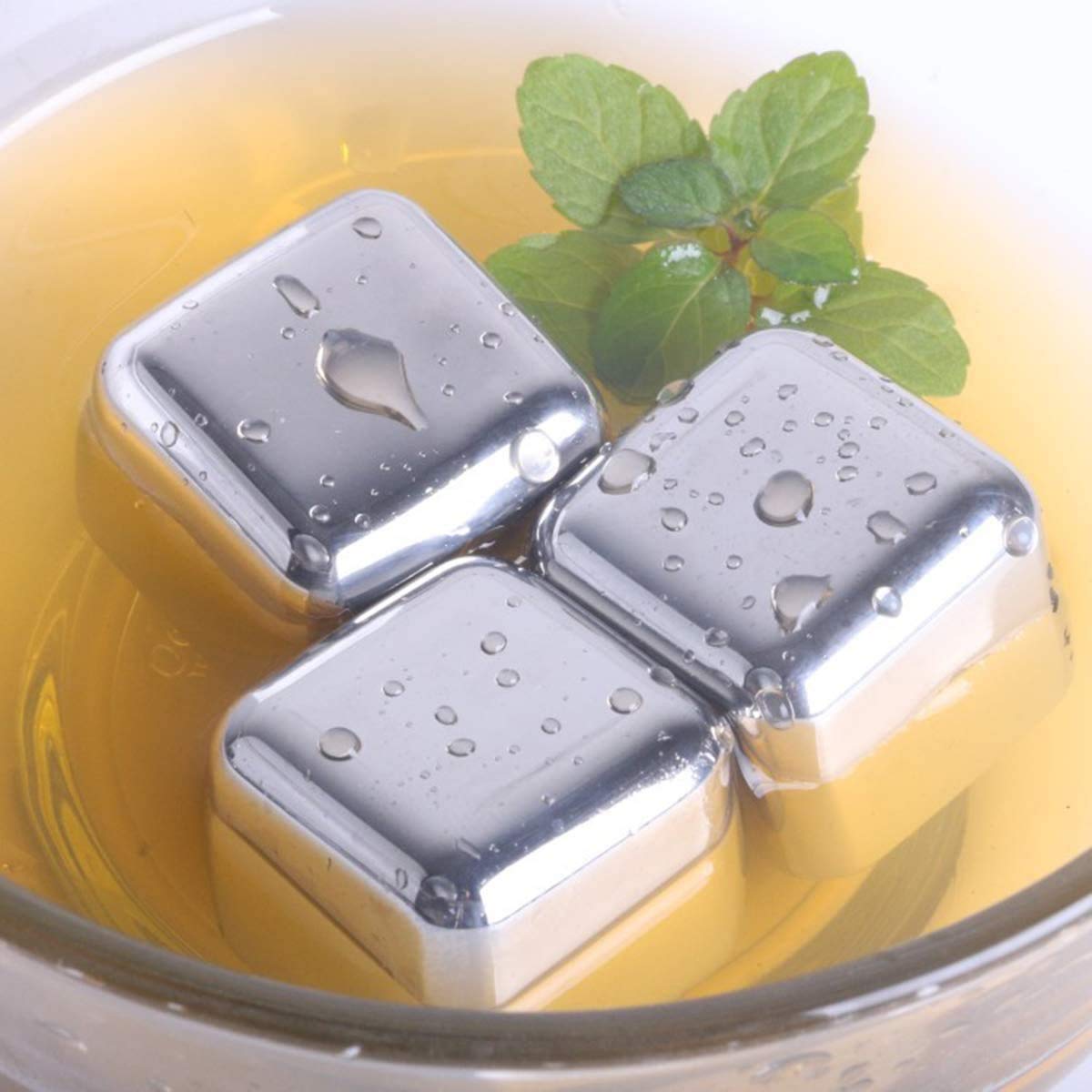 Rudra Exports Reusable Stainless Steel Whiskey Stones or Ice Cubes, Set of 4 Ice Cubes with Ice Catcher for Wine, Beverage, Juice or Soda