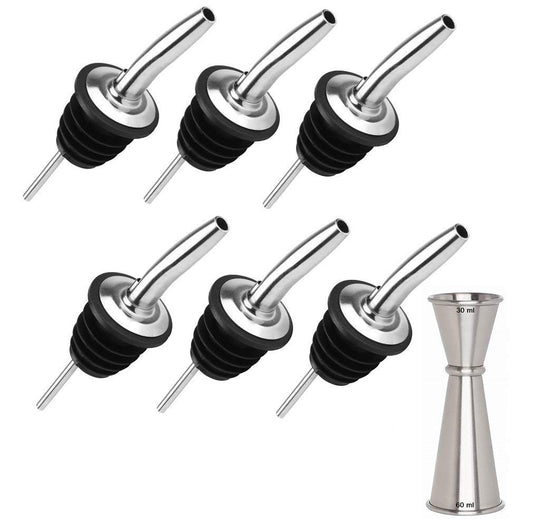 Rudra Exports Metal Bottle Pourers, Pouring Spouts for Liquor, Kitchen use with Black dust Cover and Peg Measurer 30-60 ml: 13 Pcs Set