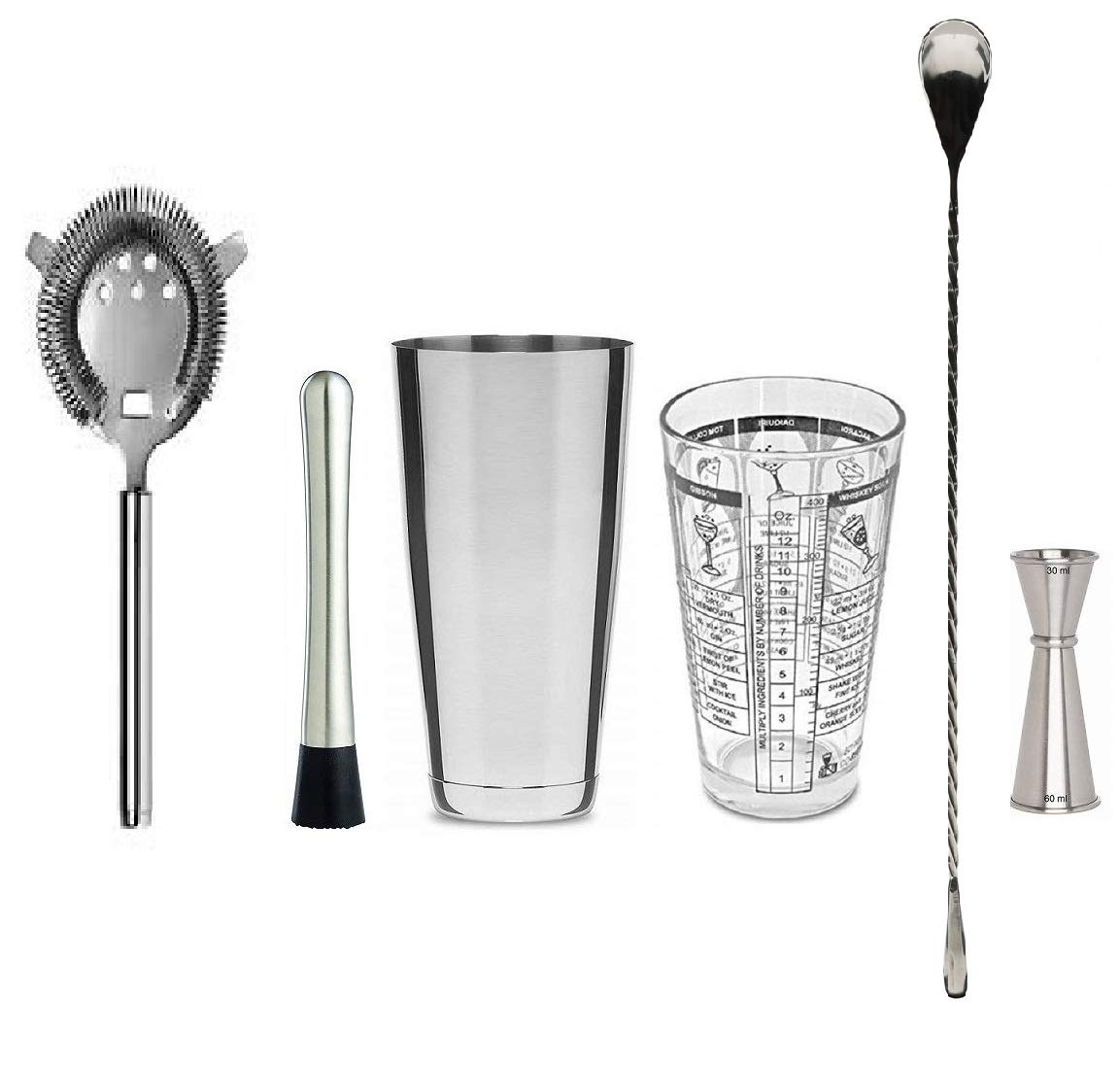 Rudra Exports Bar Essentials Set with Boston Shaker, Stirrer Spoon, Japanese Jigger Peg Measure 30-60 ml, Muddler & Cocktail Strainer Set of6 Pcs