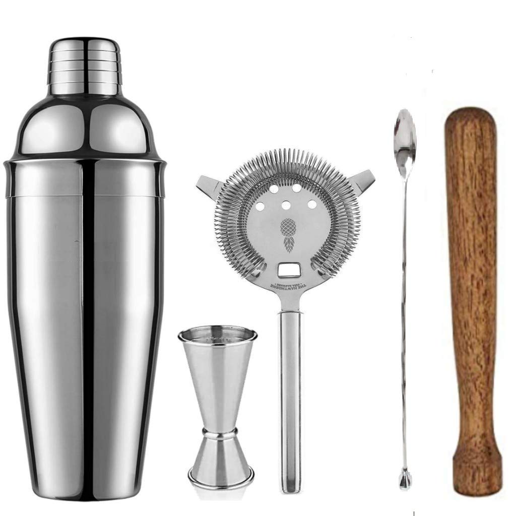 Rudra Exports Cocktail 5 pcs Set Cocktail Shaker, peg Measure, Strainer, Muddler Spoon, Muddler