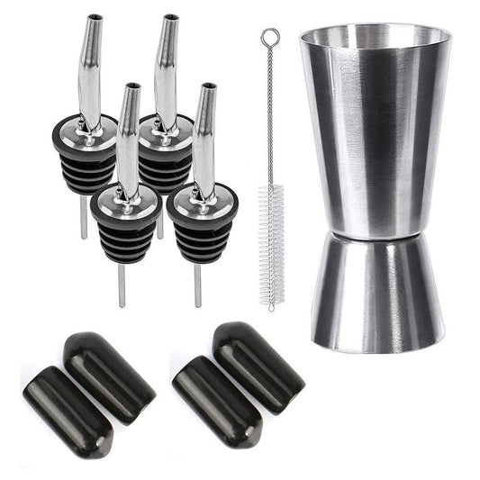 Rudra Exports Metal Bottle Pourers for Syrup, Pouring Spouts for Liquor for Bar - Pack of 4 with Black PVC Caps + 1 Peg Measure + 1 Cleaning Brush