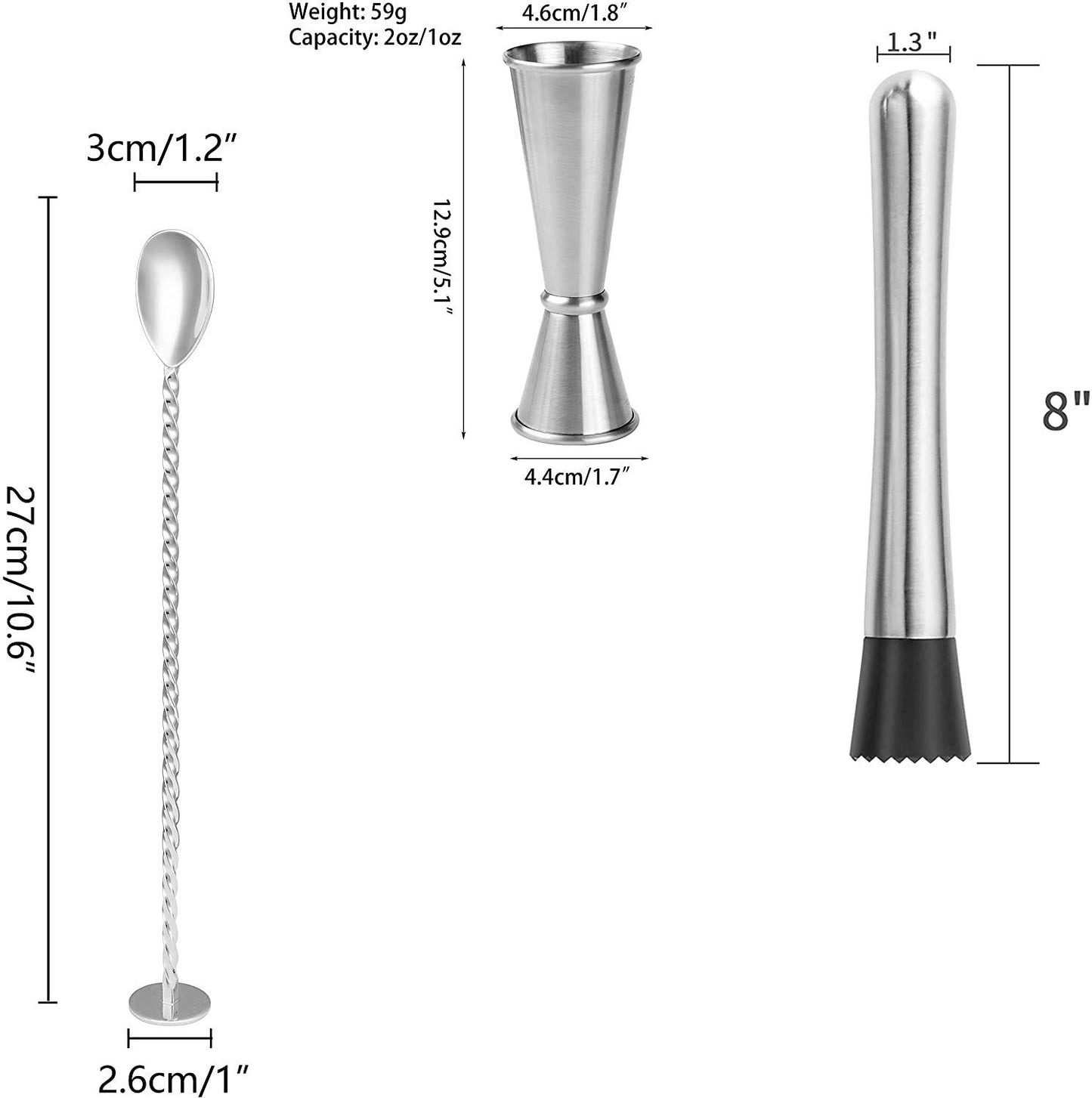 Rudra Exports Muddler Bar Tool Set Cocktail Muddler to debug Cocktails Drinks Juices Coin shape Mixed Spoon Japanese Jigger30-60 ml:3 Pcs Set