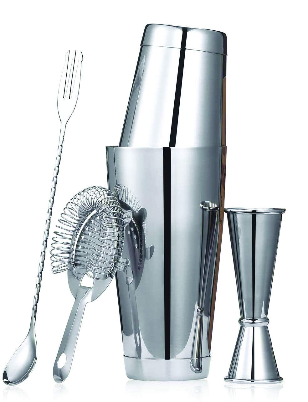 Stainless Steel Cocktail, Martini, Drink, Boston Shaker Double Measuring Jigger, Mixing Spoon Bartender Kit - Set 6 Piece